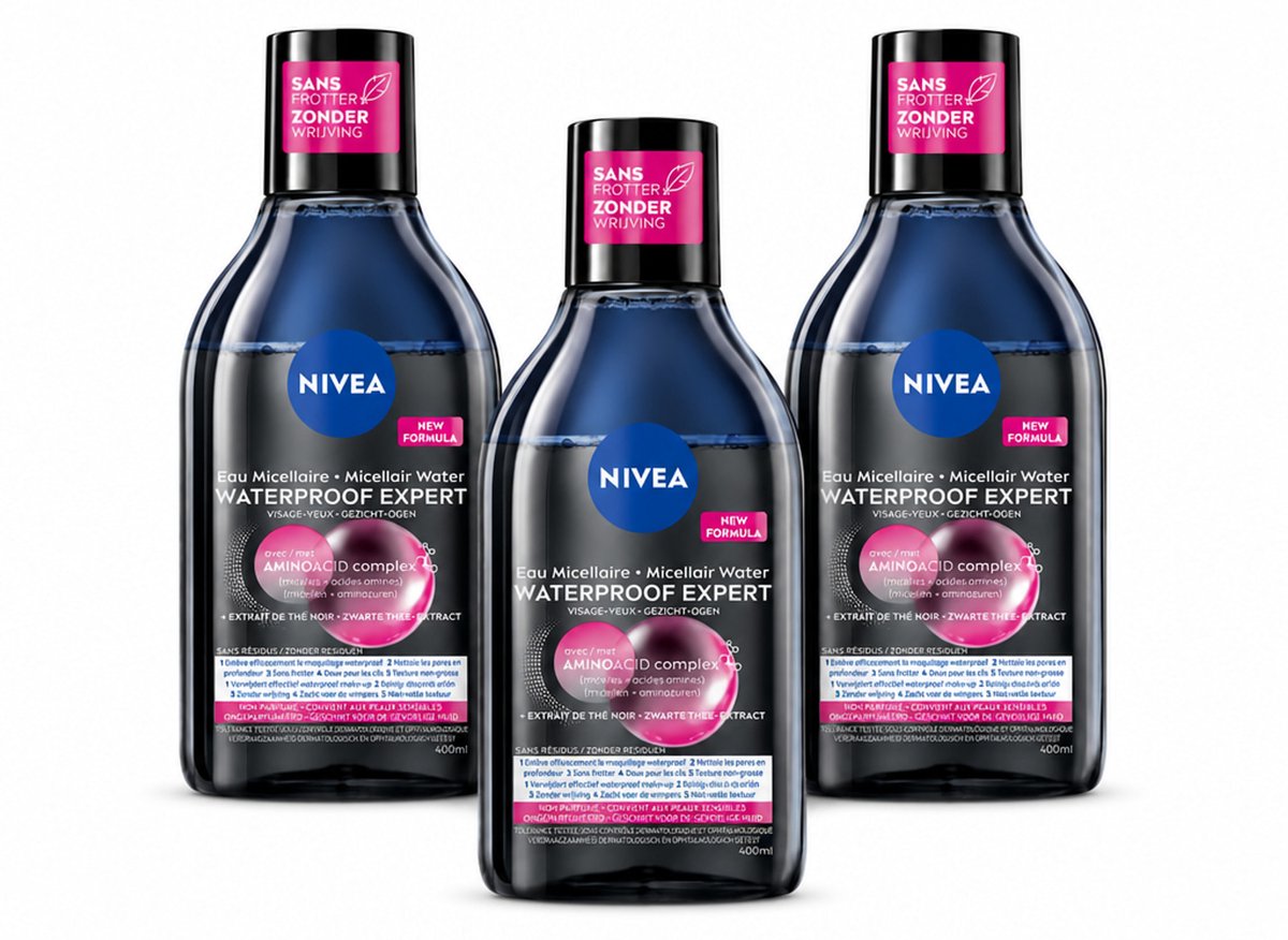 3 x NIVEA – Micellair Reinigingswater – Waterproof Expert – 400 ml - Bulkverpakking - 3 stuks