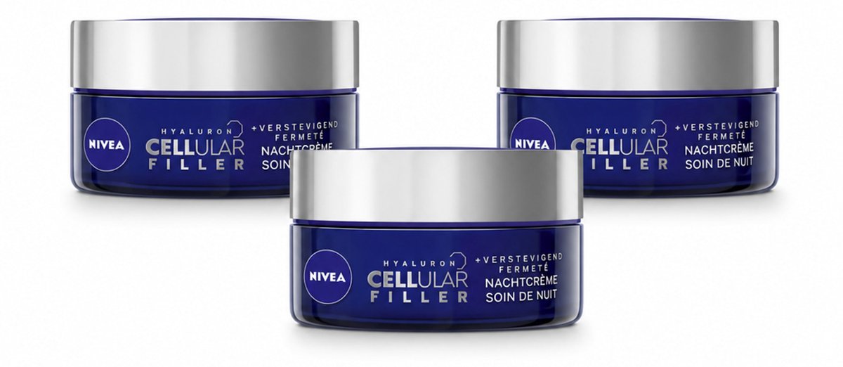 3 x NIVEA - Nachtcrème - CELLular Expert Filler Anti-Veroudering - Voor alle huidtypes - Met Hyaluronzuur & Foliumzuur - Anti-Rimpel & Hydraterend - 50 ml - Bulkverpakking - 3 stuks