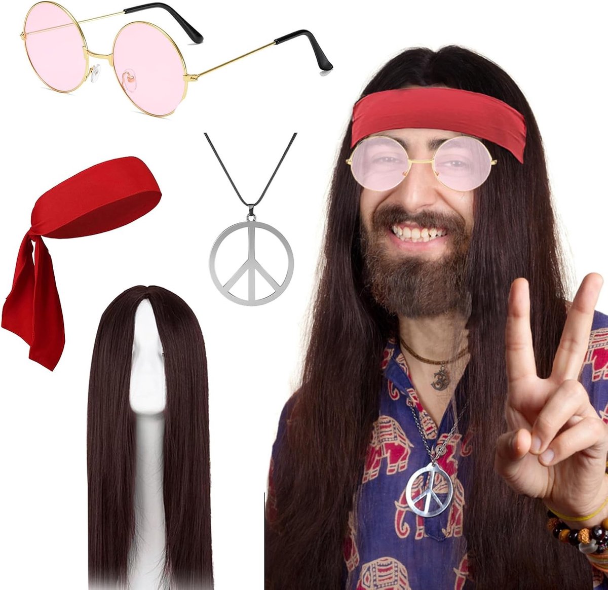 Punk Rock Kostuum met Lange Rode Peruk, Ronde Zonnebril en Vredesketting voor Halloween en Cosplay Feesten