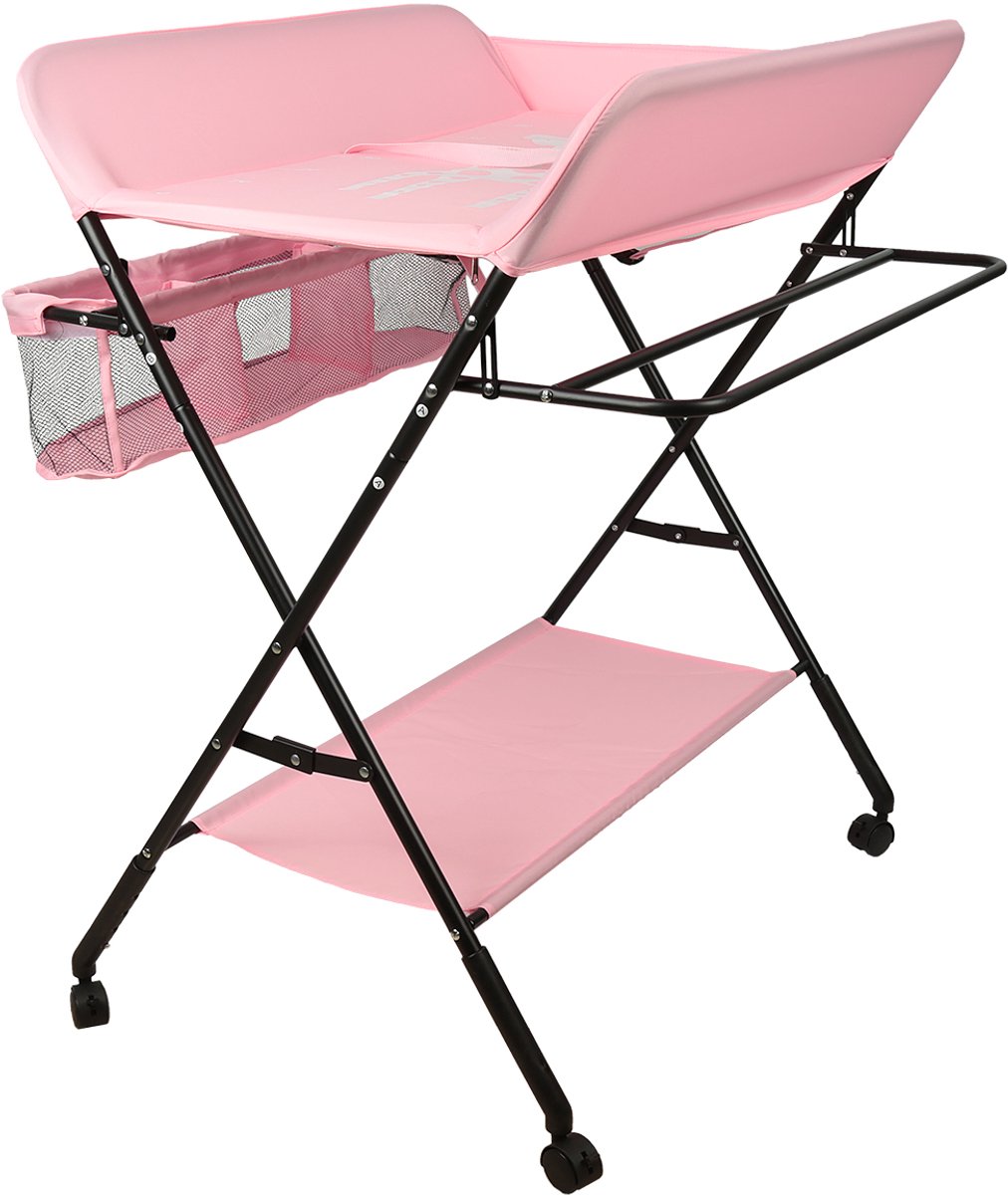 PIPIPOXER Luiertafel opvouwbaar - Met wielen - Vrijstaande Verschoontafe- Afneembare Zij-Caddy - Verstelbare Hoogte – Aankleedkussen - Verzorgingstafel - Opvouwbare & Mobiele commode - Roze