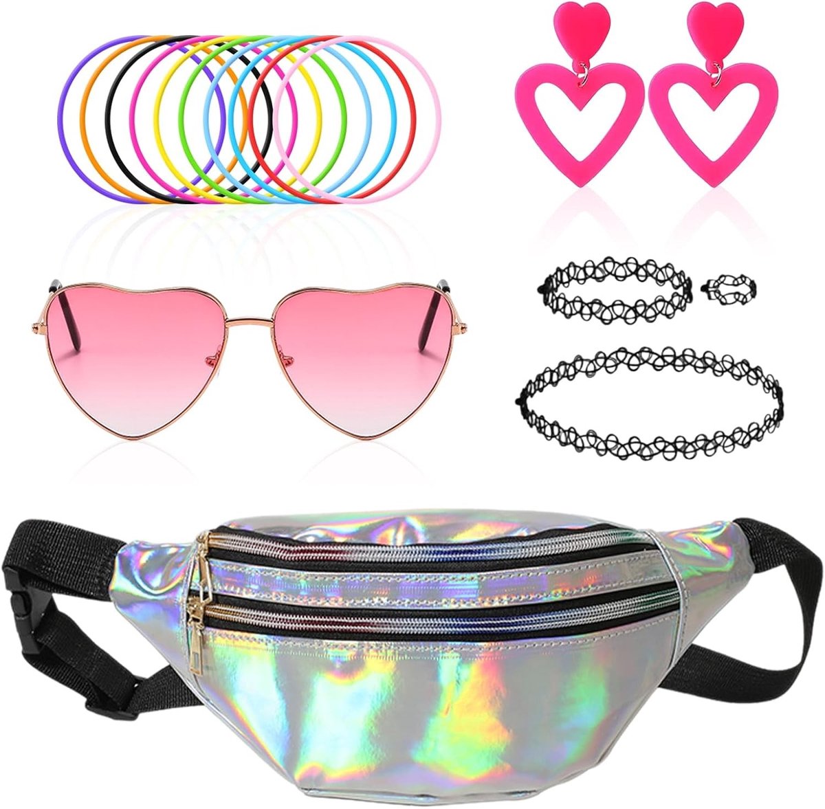 80s en 90s Retro Fancy Dress Set voor Vrouwen met Neon Kostuums, Accessoires en Bumbags voor Disco Thema Feestjes en Cosplay