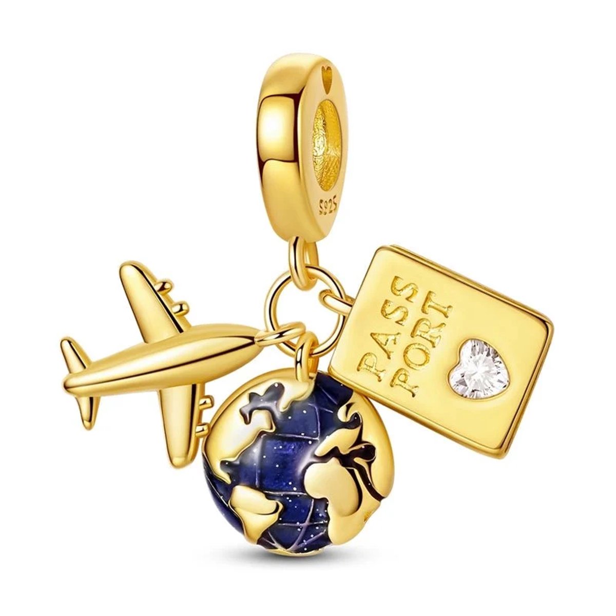 Matthew Studio® | Bedel | Past op populaire bedelarmbanden (standaard - 3mm) | Bedel met Vliegtuig, Wereldbol & Paspoort | Hangbedel Charm | 925 Sterling Zilver | Donkerblauw | Armband Kraal | Sinterklaas kado | Kerstcadeau | Verjaardagscadeau