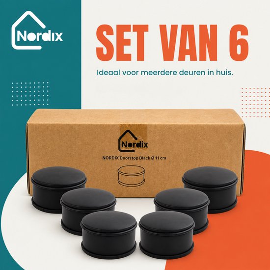 Set van 6 zwarte ronde deurstoppers naast een kartonnen doos met Nordix logo. Tekst: 'SET VAN 6'.