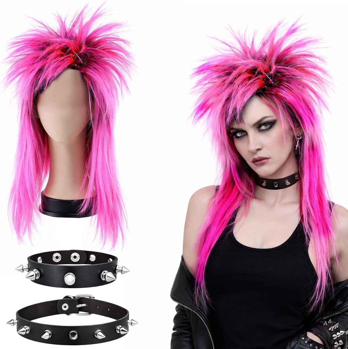 Langdurige Punk Perücke Set met Kraag en Lange Mesh Jurk voor 70s en 80s Mullet Rocker Look, Perfect voor Carnaval, Feest en Halloween (Roze)