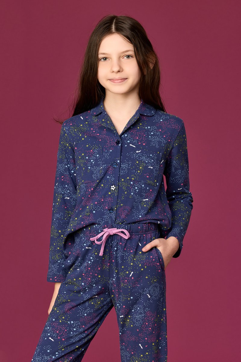 Woody Meisjes-Dames pyjama sterren alloverprint - maat 140/10J