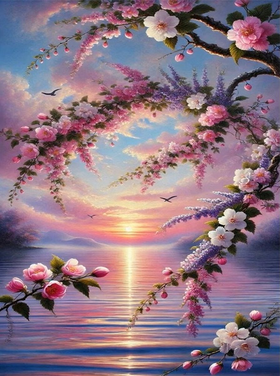 30x20cm Diamond Painting zee zonsondergang bloemen nr 364