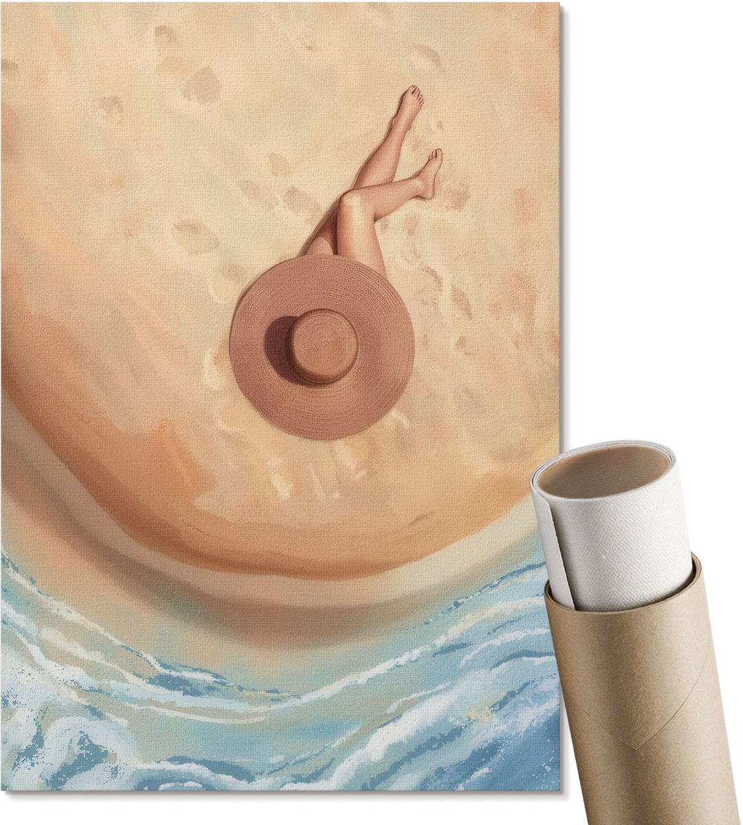 Coloray Polycanvas Wandposter - Vrouw En Het Strand, Schilderen - A4 - Beige Motief - Rechthoek - Canvasposter - Woonkamer, Slaapkamer, Kantoor - Expressief