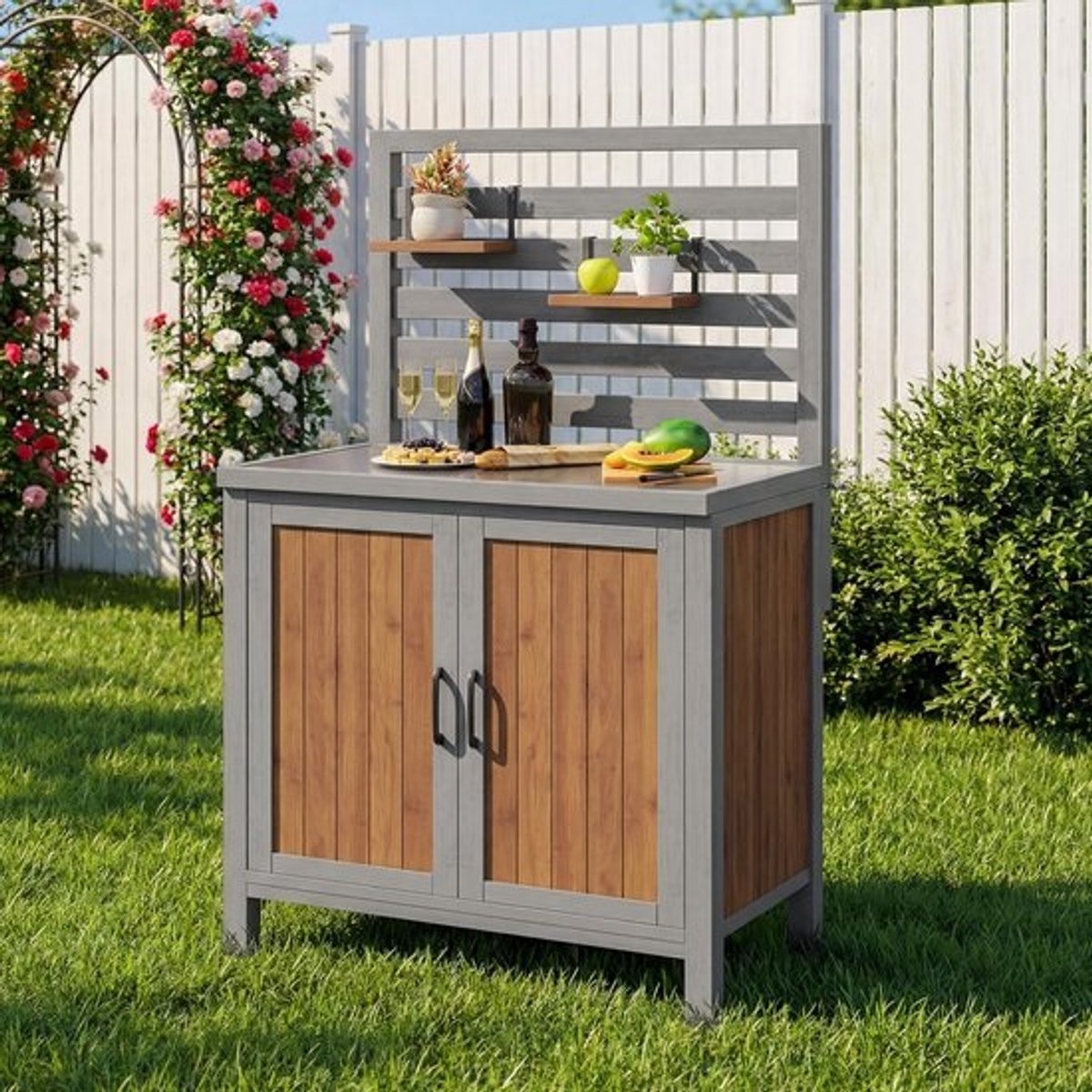 Tuinkast Hout - Opbergkast Buiten - Terraskast Grillen - Werkblad Roestvrijstaal - 80x54x148.5cm - Natuurlijk