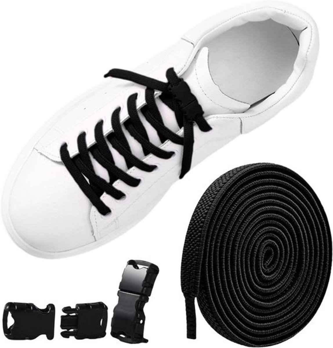 Elastische Veters - Strikloze Veters - Schoenen Makkelijk Dragen - Verstelbare Spanning - 100 cm - Zwart