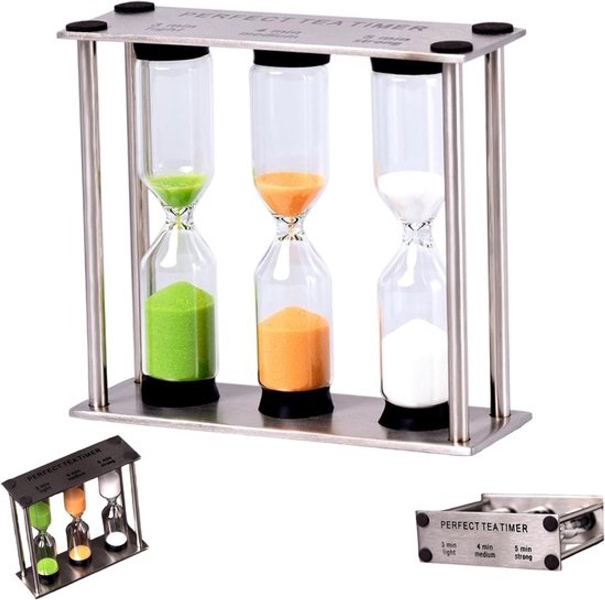 Zandloper Timer - Zandloper Keuken - Tijd Meten - Roestvrij Staal Frame - 8x3x9cm - Groen Geel Wit