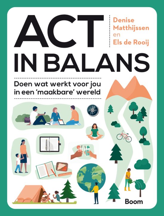 Boek 'ACT in balans' met illustraties van mensen in balans, natuur en de aarde.
