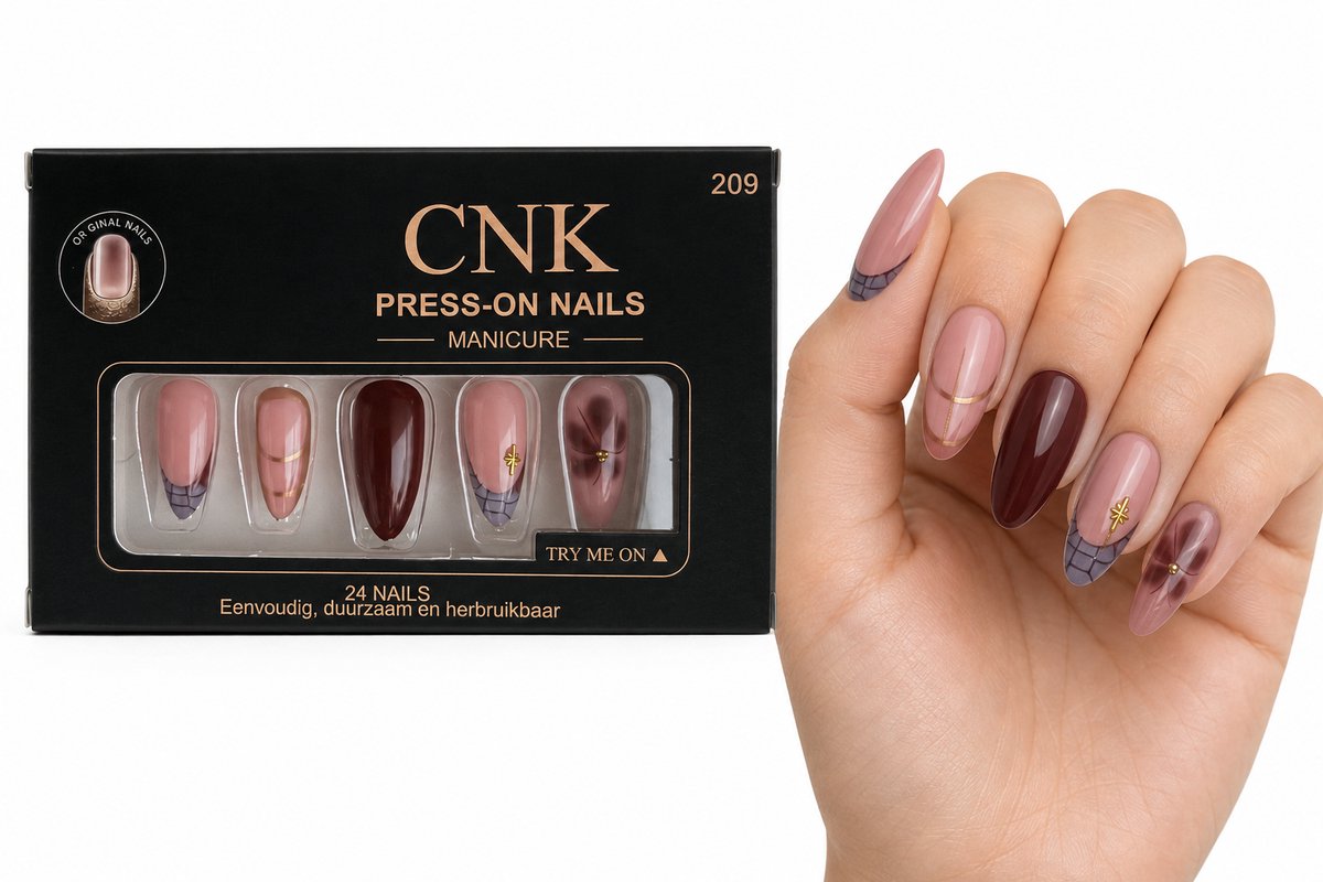 CNK 209 Press On Nails - Plaknagels - 24 Kunstnagels met Nagellijm, 24 Zelfklevende Plakstickers, Cleaner Wipe, Nagelvijl, Woodstick & Size Matcher - Nepnagels voor 7-14 Dagen - Herbruikbare Press-On Nagels - Starterspakket voor Manicure & Nail Art