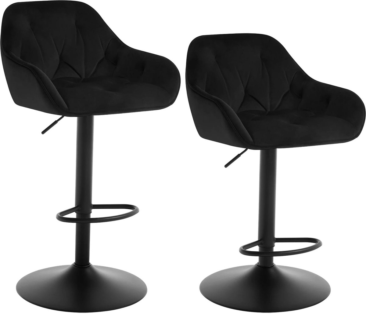 Klarven® Barkrukken Set van 2 met Rugleuning Zwart - Hoogte Verstelbaar en 360 Graden Draaibaar - Fluwelen Zitting met Voetsteun - B 37 x D 37,5 cm, H 62,5-84 cm