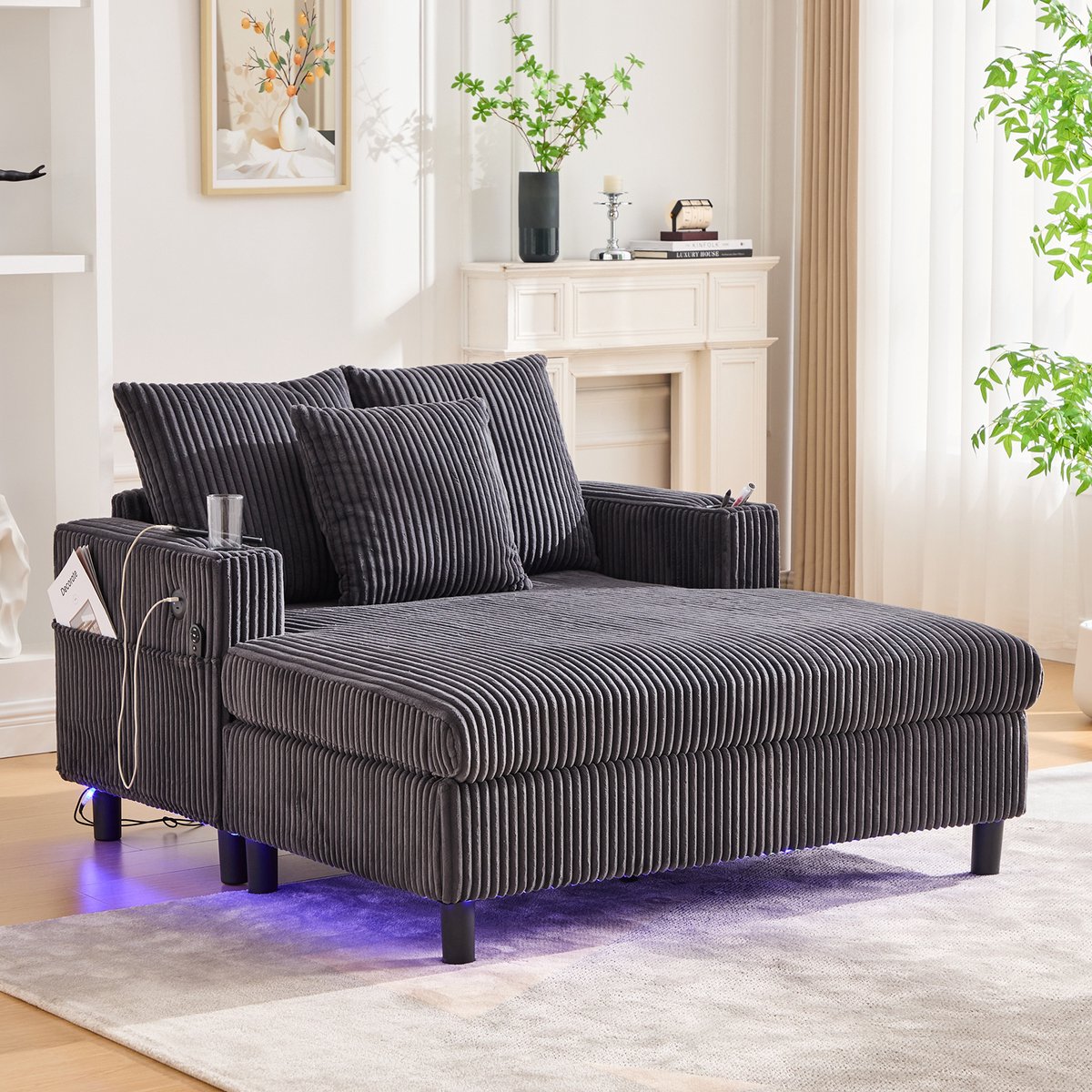 1-zits bankje - 142 x 128 x 85 cm - corduroy bekleding - met ledverlichting - met USB-aansluiting - met bekerhouders - inclusief kussens - Grijs