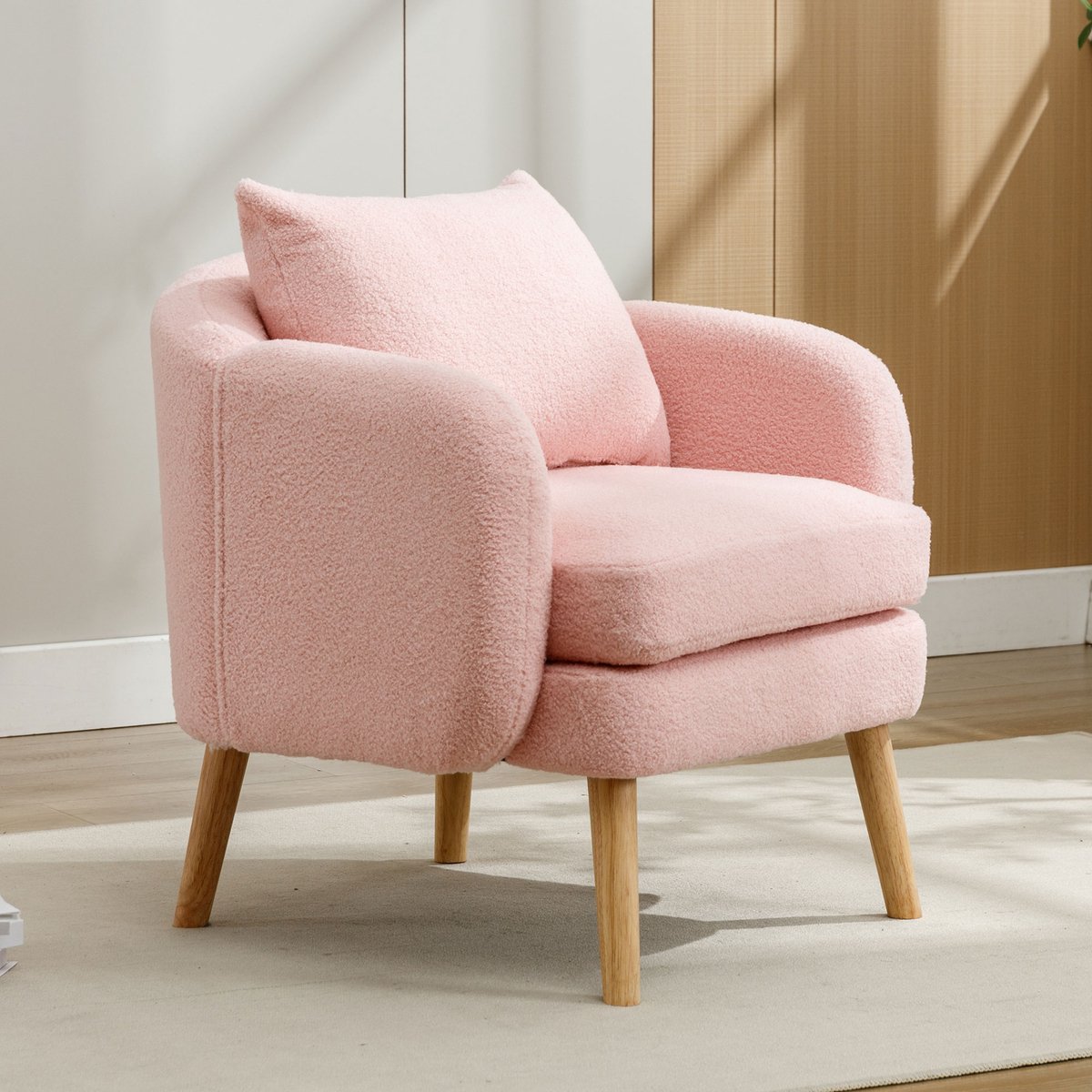 1-zits slaapbank - 72 x 71 x 71 cm - teddy bekleding - met slaapfunctie - met verstelbare rugleuning - inclusief kussens - met houten poten - Roze