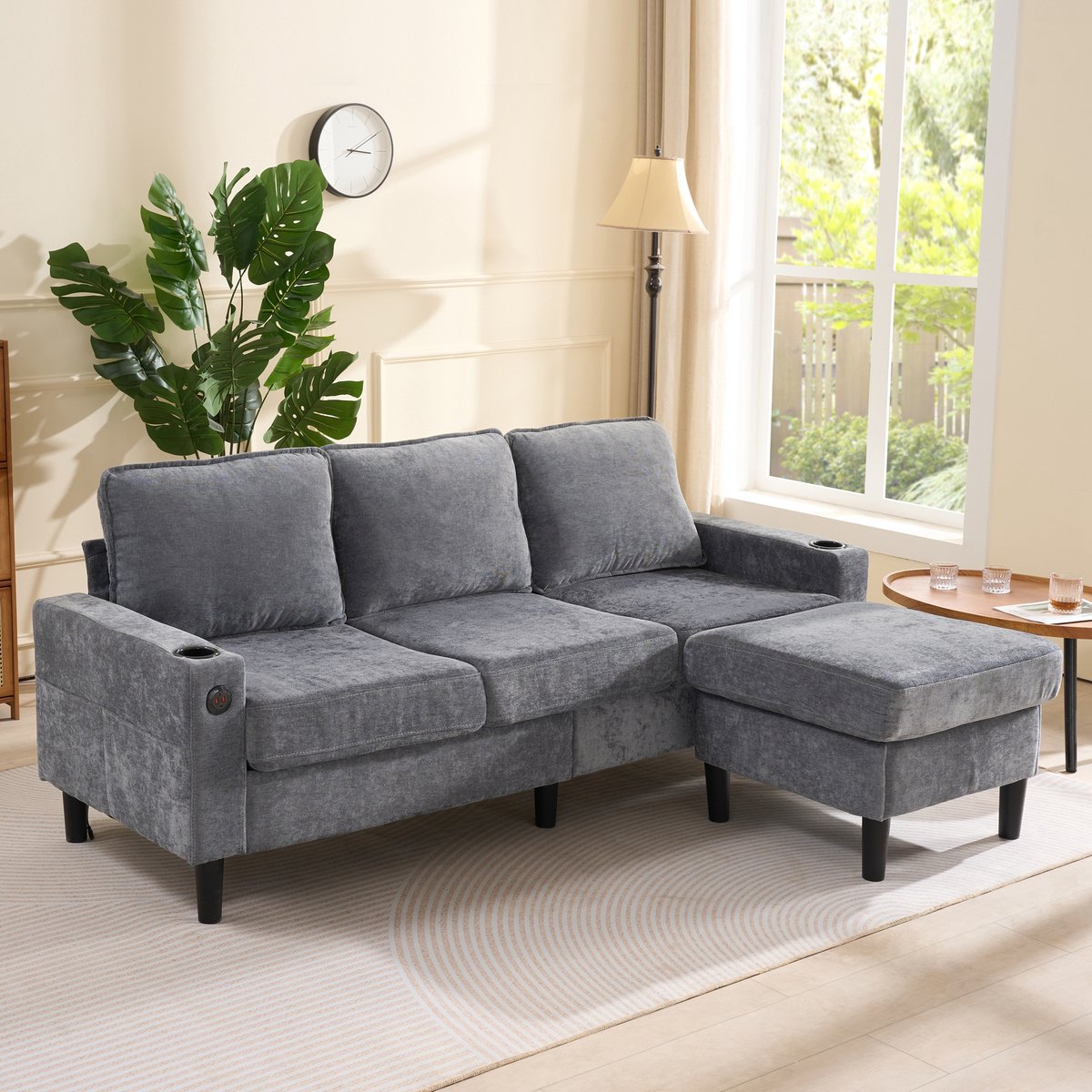 3-zits hoekbank - 202 x 137 x 80 cm - linnenlook bekleding - met slaapfunctie - modulair samen te stellen - met USB-aansluiting - met bekerhouders
