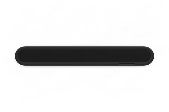 Zicht op de bovenkant van een zwarte Sonos soundbar met een geribbeld rooster en bedieningsknoppen.