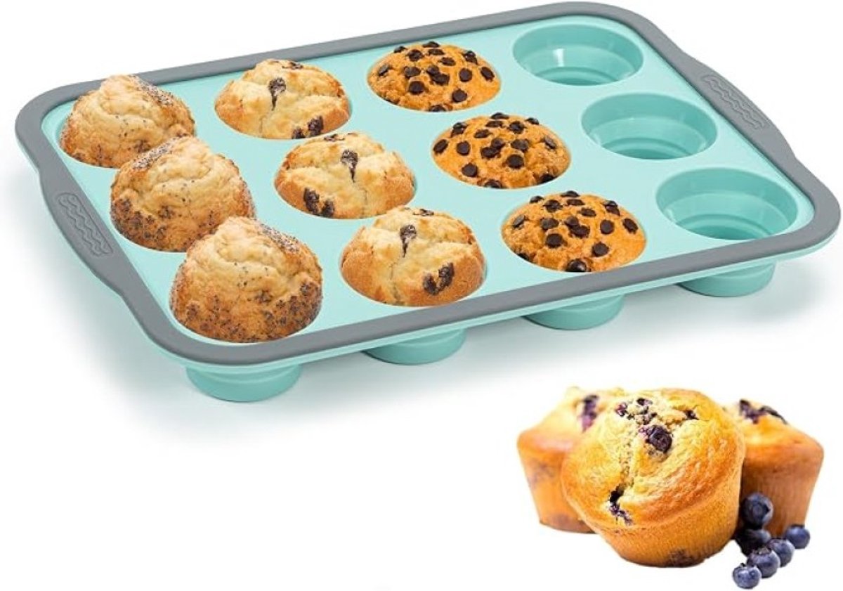 PolkaHome Muffin bakvorm siliconen 12 cups met metalen frame, anti-aanbaklaag, opvouwbaar