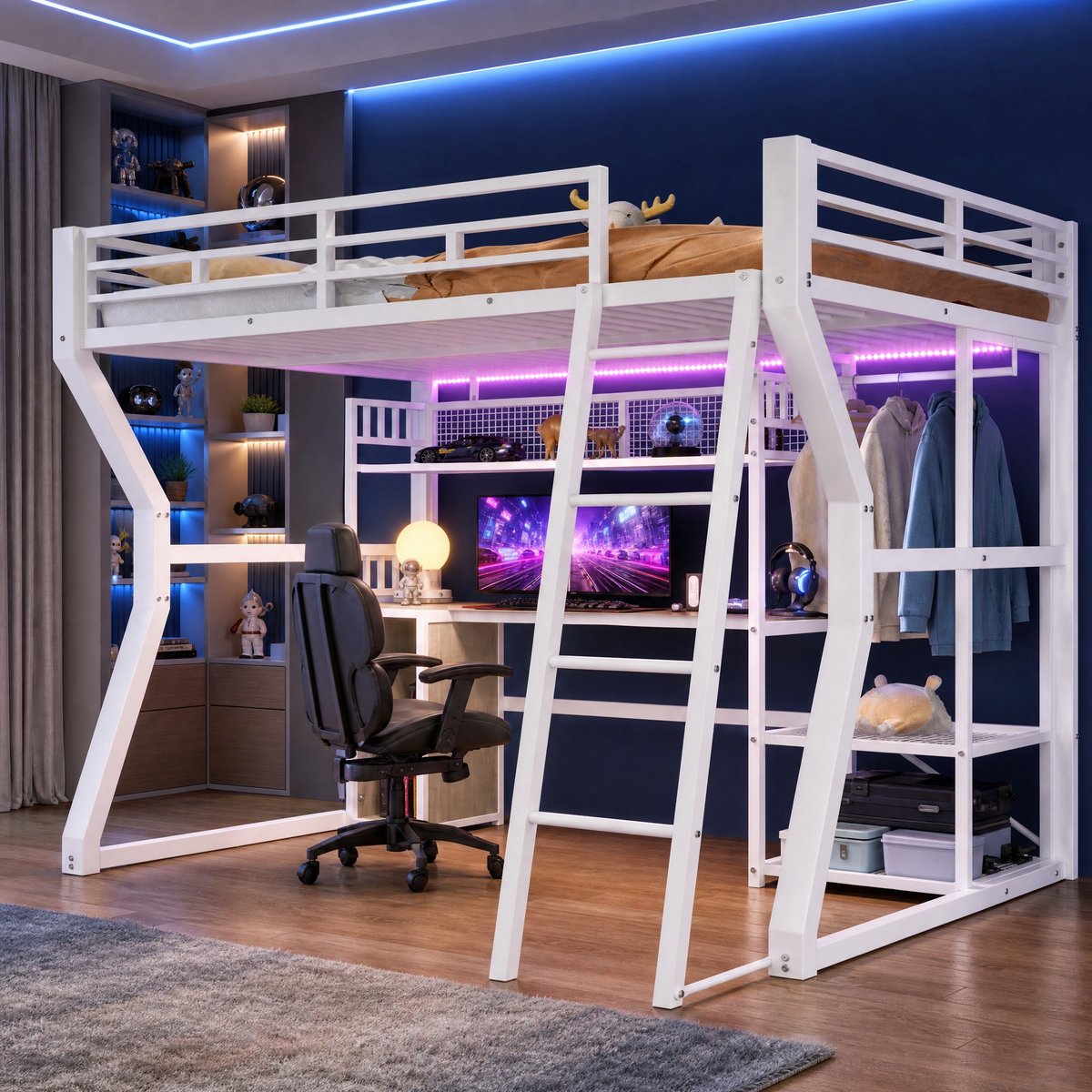MIVRAY Hoogslaper 140x200 Cm - Zonder Matras Met Bureau Opbergvakken En Kledingrek - Met Verstelbare Lichtstrip En Stopcontact - Metaal En MDF - Wit