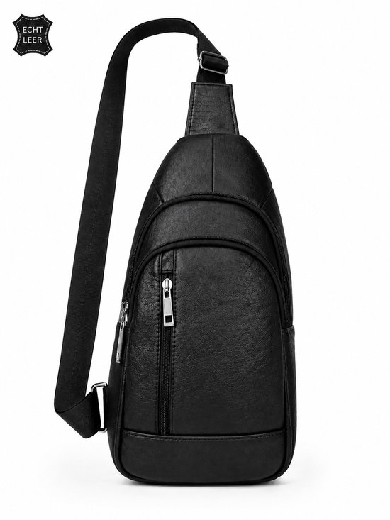 Zwarte leren sling bag met zilverkleurige rits, met 'Echt Leer' label.
