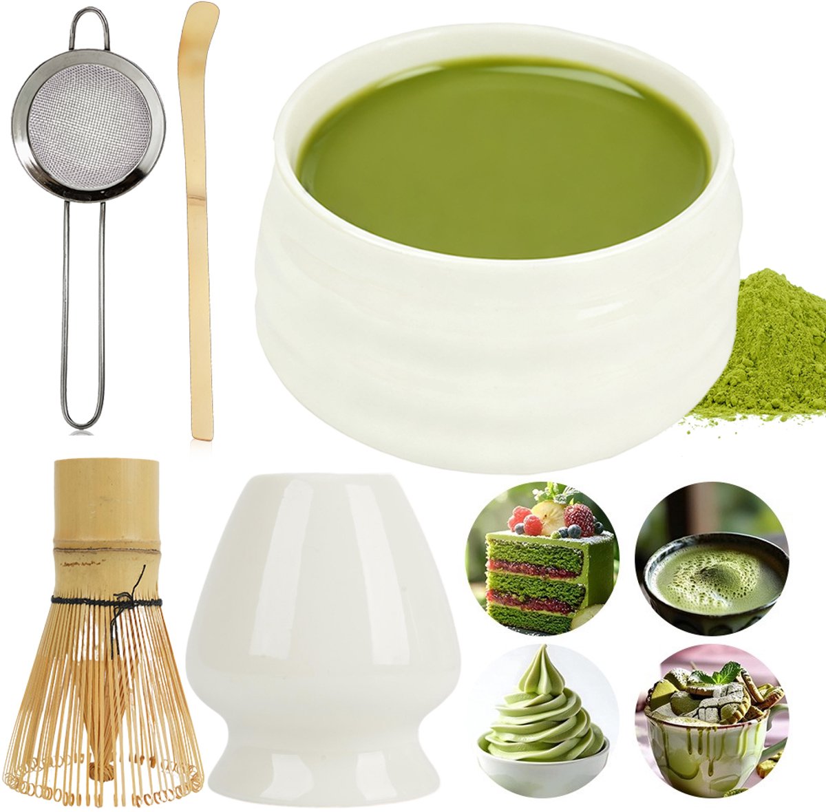 Traditionele Matcha Set Met Bamboe Garde Keramische Kom Zeef Lepel En Houder - 580 ml Handgemaakt Loodvrij Voor Romige Klontvrije Matcha - Een Meditatieve Theebeleving - Wit