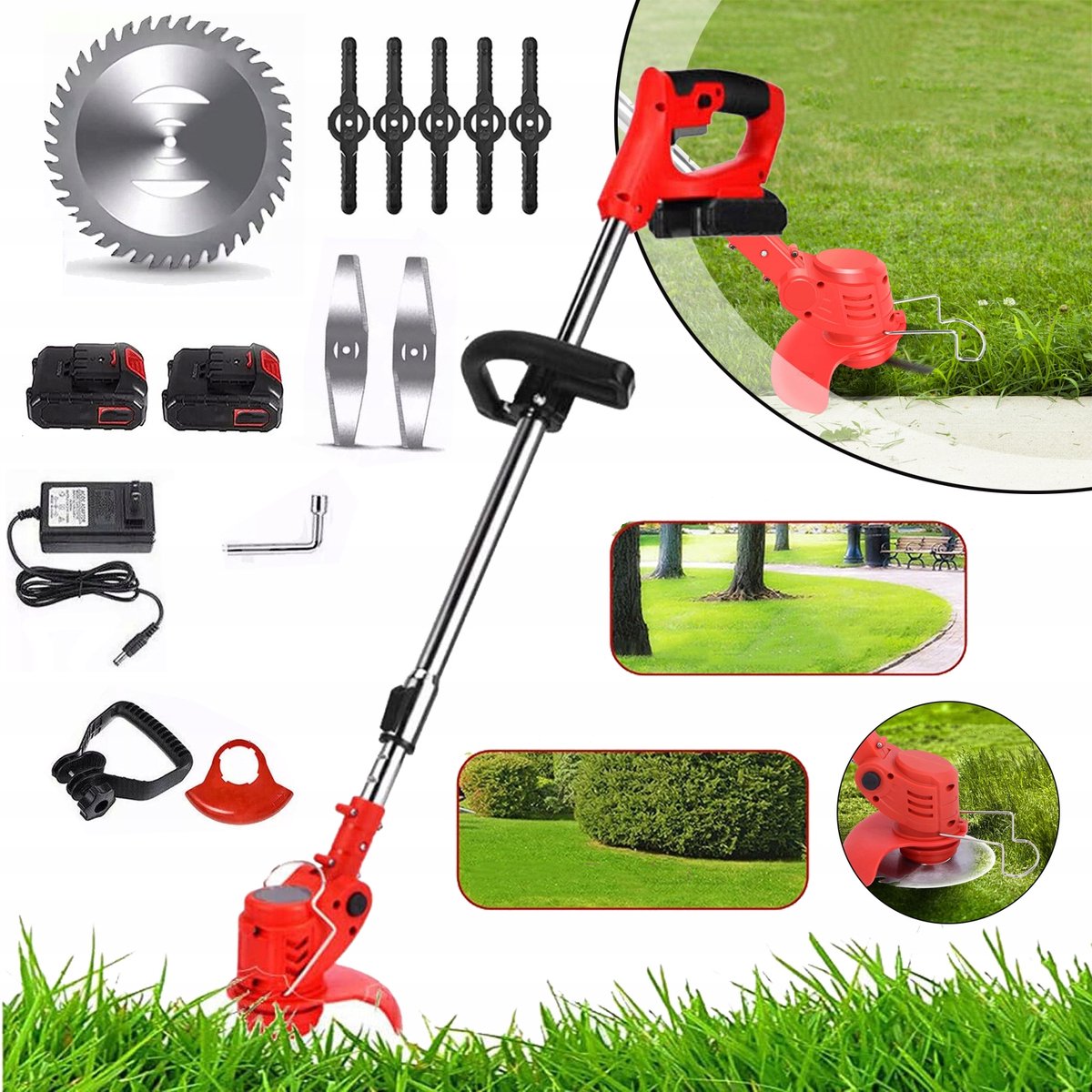 Draadloze Elektrische Grasmaaier Van 650W - 3 Soorten Messen 21 V 2000 mAh Accu 18.000 tpm Telescopische Handgreep Lichtgewicht 1,5 kg - Voor Grasmaaien En Tuinonderhoud - Rood