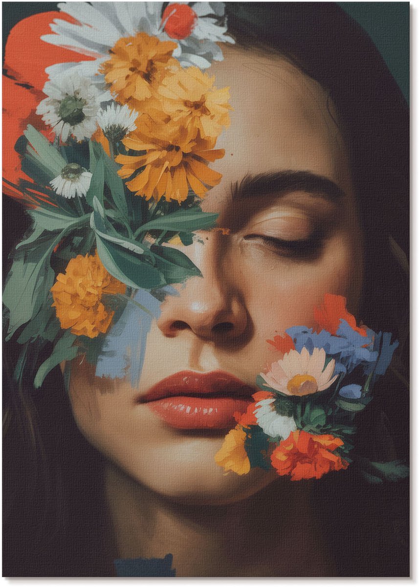 Tulup Polycanvas Wandposter - Bloemenportret, Schilderen - A4 - Groen Patroon - Rechthoek - Canvasposter - Woonkamer, Slaapkamer, Kantoor - Expressief