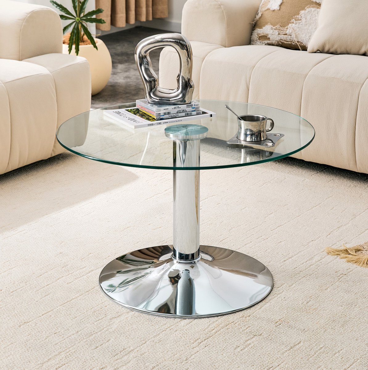 MODENUIT Salontafel - Ronde Glazen Tafel Met Metalen Frame - Woonkamer - Glas - Zilver - 70 X 45 Cm