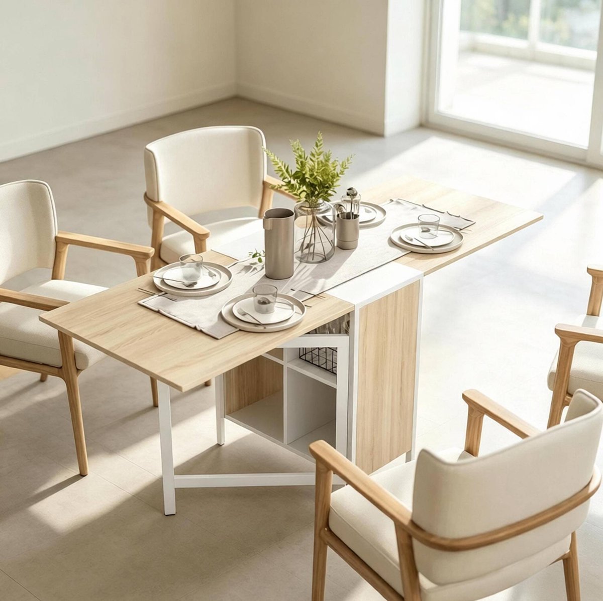 MODENUIT Eettafel - Uitschuifbaar Met Opbergruimte - Keuken En Woonkamer - MDF En Staal - Wit Lichte Eik