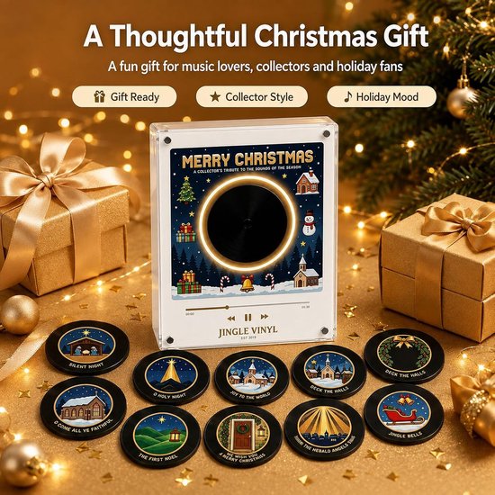 Magnetische Muziekspeler voor Koelkast - Kerst Muziekdoos met 9 NFC Mini Vinylplaten - MP3 - Kerstmuziek - Retro Vinyl - USB-C Oplaadbaar - Kerstdecoratie — afbeelding 2