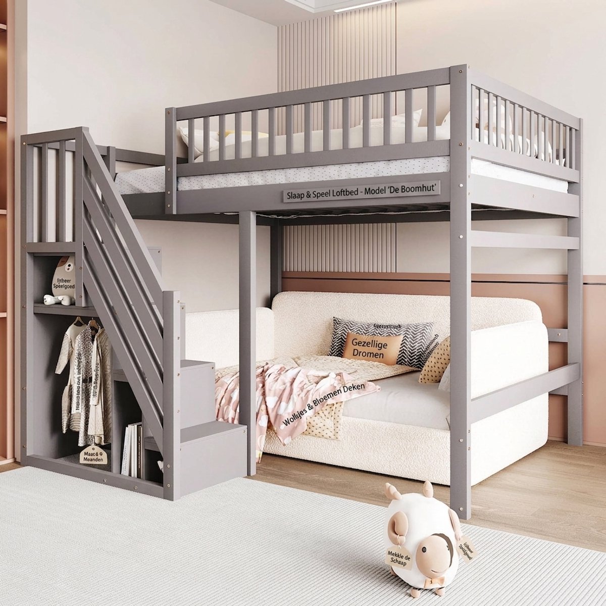 Massief Houten Bed - Grijze Hoogslaper Met Trap - Ingebouwde Opbergkasten - Hoge Uitvalbeveiliging - 120 kg - Kinderkamer - 140x200 cm - Grijs