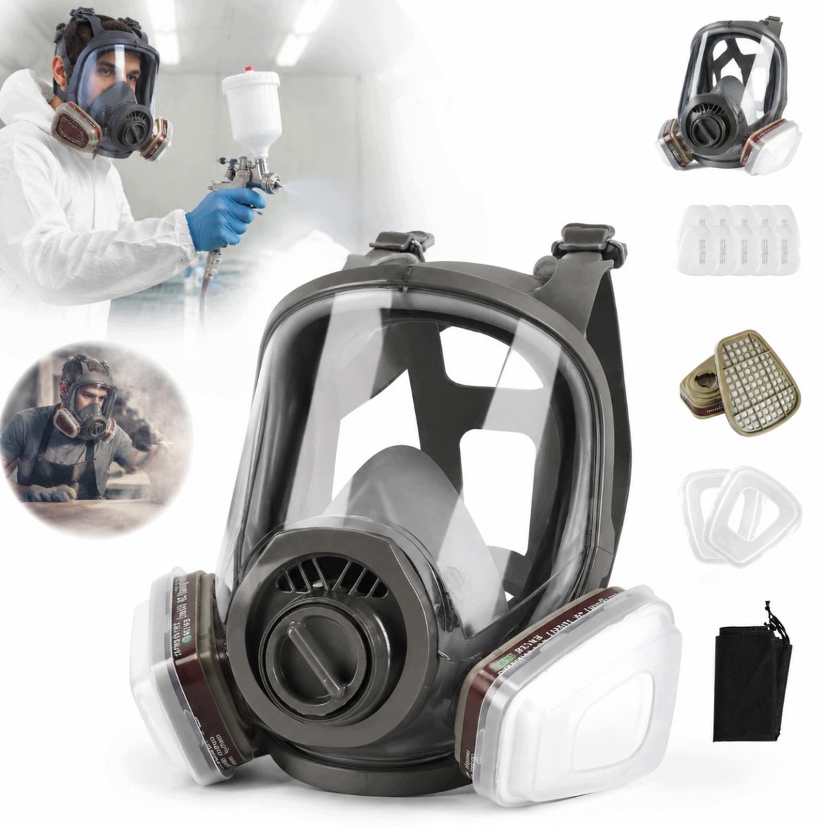 Volledig gezichtsmasker met filter voor verf, stof en gassen