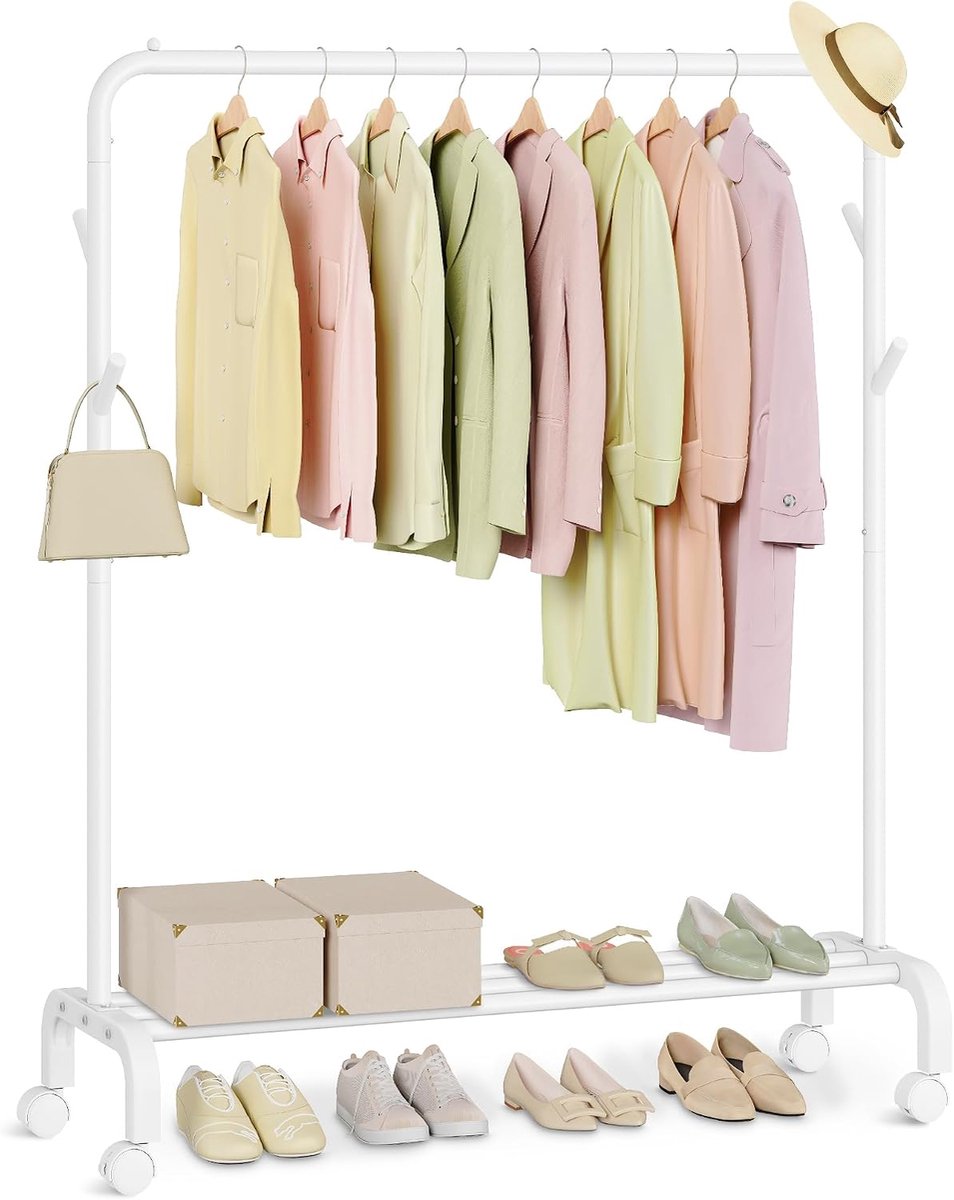 SONGMICS Ezel voor Kleding met Wielen, Staalbuis, 50 kg Kapstok met Bar, Breedte 102 cm, Multifunctionele Opslag, Wit,