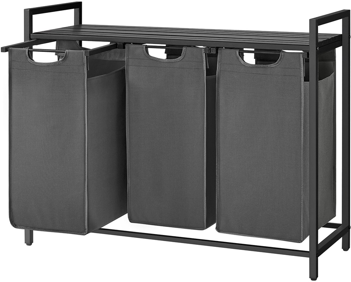 Wasmand 3-voudige sortering Wasgoedverdeler 92,5 x 33 x 72 cm Zwart + Grijs Met 3 x 38L afneembare waszakken en opbergrek Stevig en duurzaam metalen frame Eenvoudig te reinigen en monteren Geschikt voor wasruimte badkamer en slaapkamer