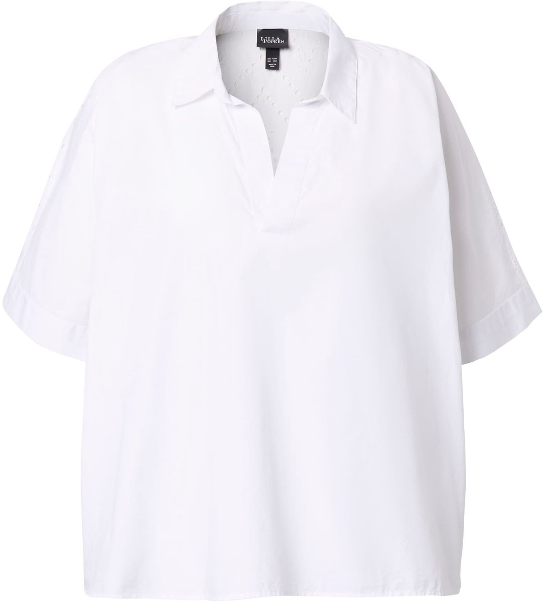 Ulla Popken - Dames - Blouse oogjesborduursel oversized overhemdkraag halve mouw - Sneeuwwit - Maat 54+