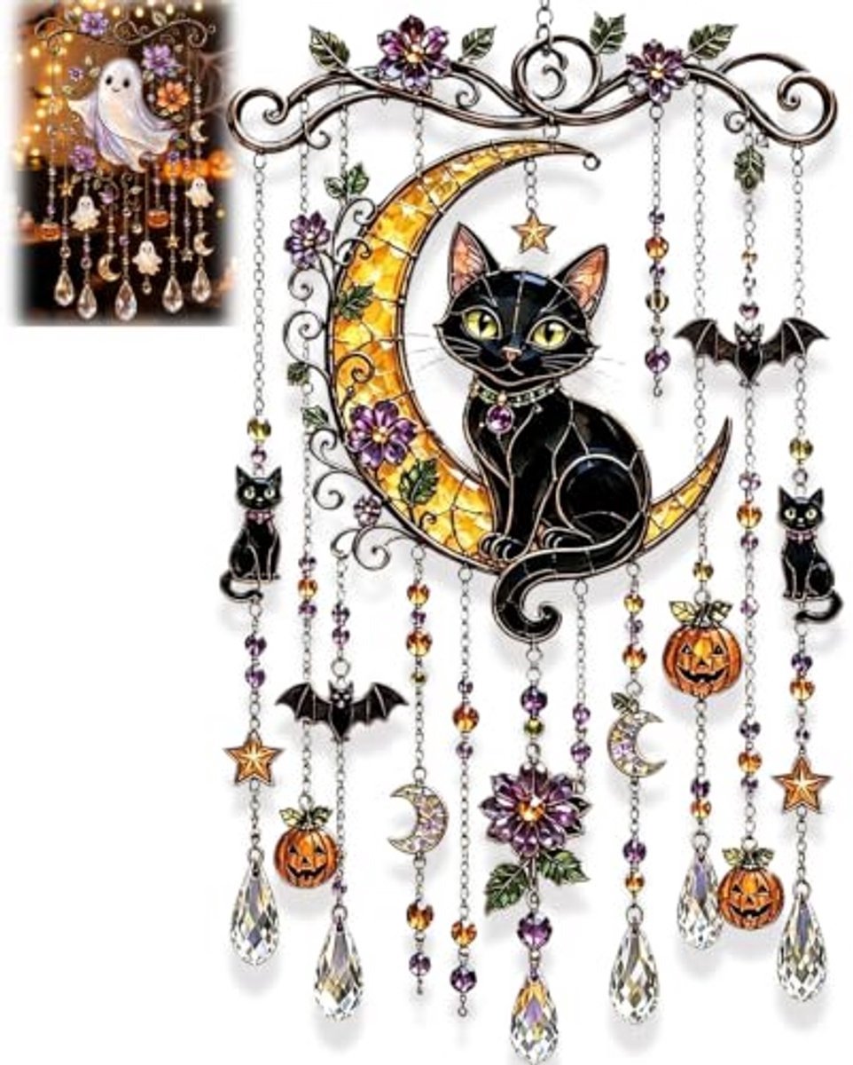 Casalora® Halloween Kristallen Windspel - Gotische Glinsterende Acryl Hangende Decoratie - Buitendecoratie voor Tuin, Veranda, Balkon en Raam (Zwarte Kat op Maan) - Spookachtig Schattig Herfst Cadeau