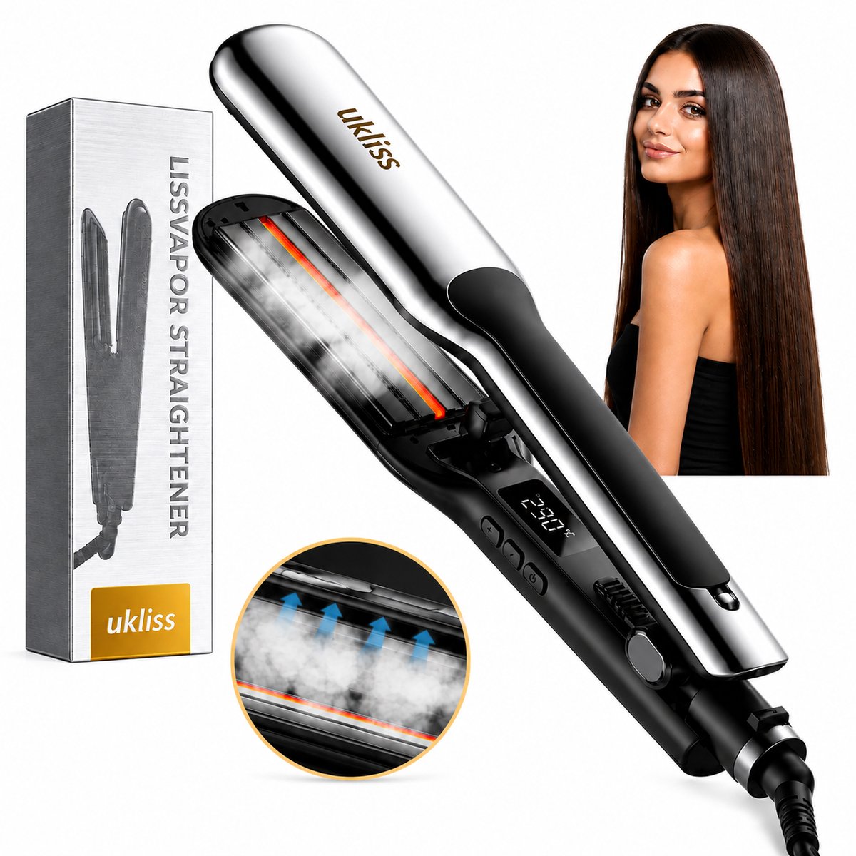 UKLISS Steam Straight - Stijltang met Stoom - Professionele Stoomstijltang - grijs
