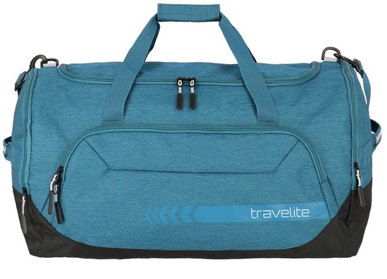 Petrolblauwe reistas van Travelite met een groot voorvak en het 'travelite'-logo.