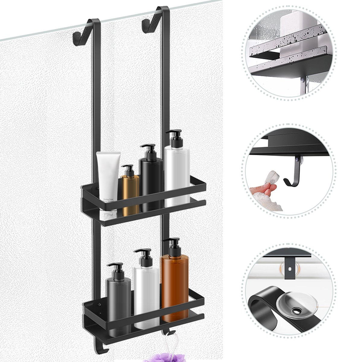 PIPIPOXER Doucherek - Twee laags Doucherekjes - Zonder boren - Hangend- 2 mandjes - Anti kras Ophangsysteem - Badkamer accessoires - RVS - Zliver