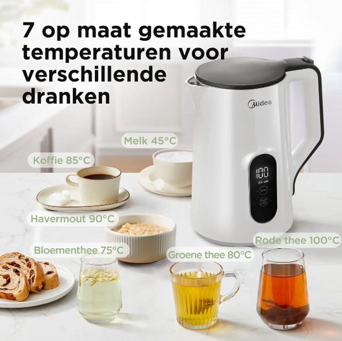 Waterkoker – 1,5 L – 2200W – 7 Temperatuurstanden – Digitaal Display – RVS – Wit