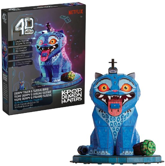 Blauw 4D Build K-Pop Demon Hunters 3D puzzelmodel van een kat met grote ogen, uitstekende tong en groene cirkels op de borst. Met Netflix logo.