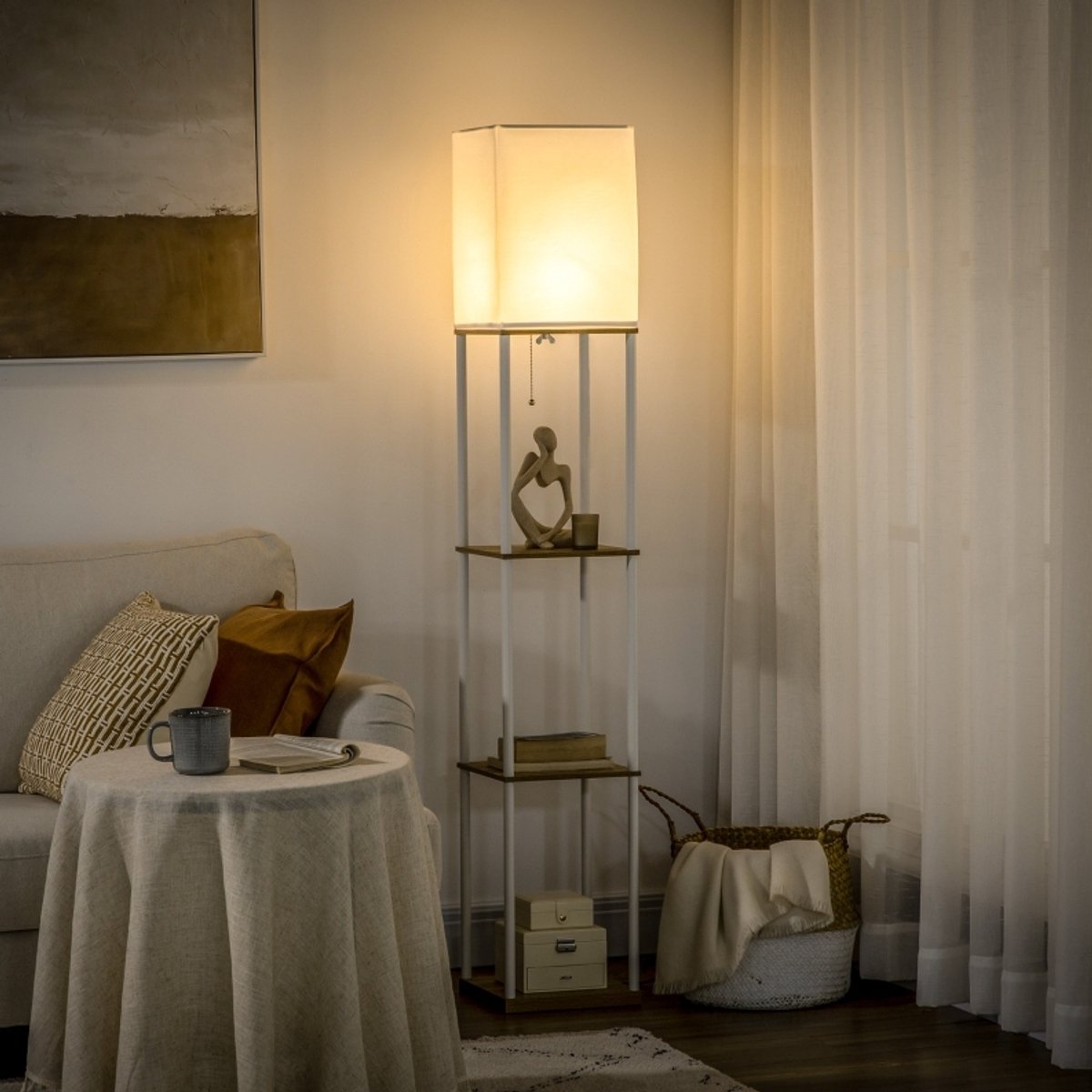 MODFU - Staande Lamp - Met Planken - Met Stoffen Lampenkap - Wit Bruin