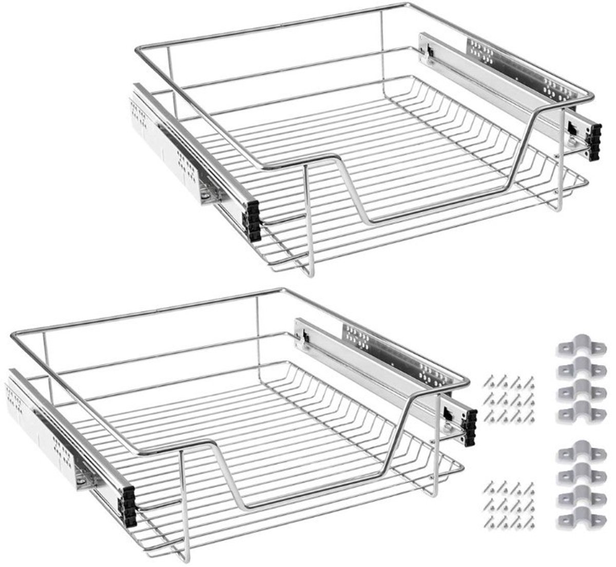 PIPIPOXER Keukenkast Organizer - Keukenladeplanken en uittrekmanden - Telescopische laden - Draadmanden - 46 cm- uittrekbaar - Gootsteenkast Organizer - zilver - Set van 2