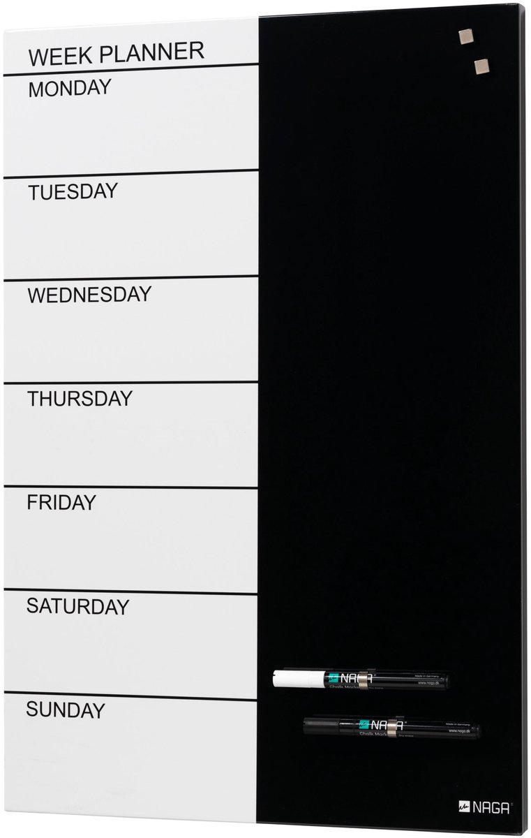 Naga - Magneetbord - 40 x 60 cm - Weekplanner - Engels - Zwart-Wit - NA-12212
