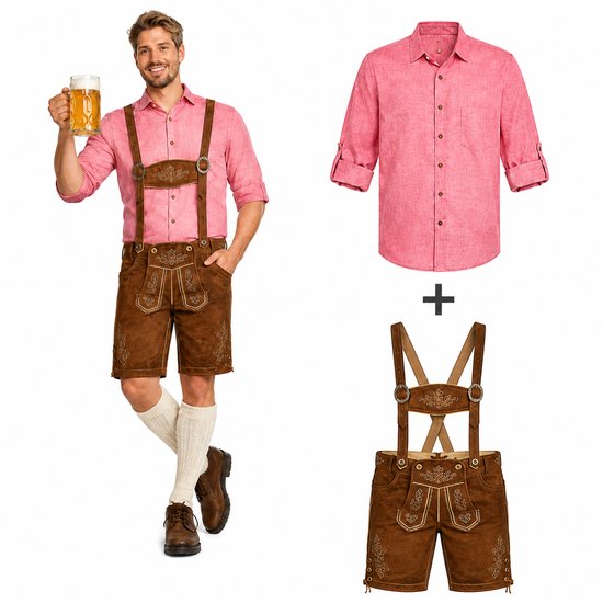 Oktoberfest Set Heren 2-Delig – Lederhosen Man 100% Echt Leer met Blouse – Lederhose Heren Flachau Donkerbruin + Rode Blouse – Tiroler Pak Heren – Partyxclusive – Maat XL