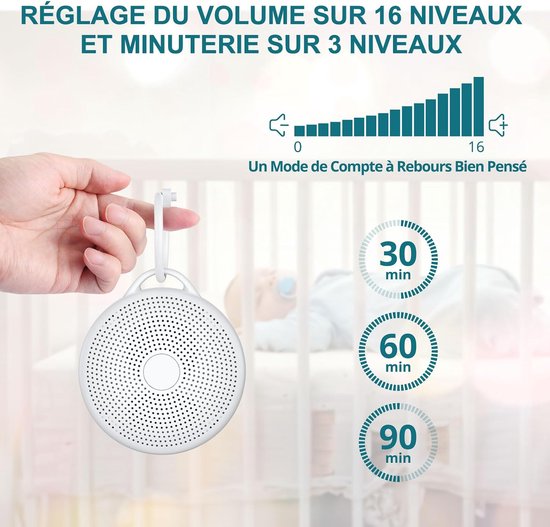 Draagbare Witruismachine voor Baby – 24 Kalmerende Geluiden – Instelbaar Nachtlampje – 2000mAh Oplaadbare Batterij – 30/60/90 min Timer – Geheugenfunctie – Slaapmachine voor Slaapkamer en Reizen — afbeelding 4