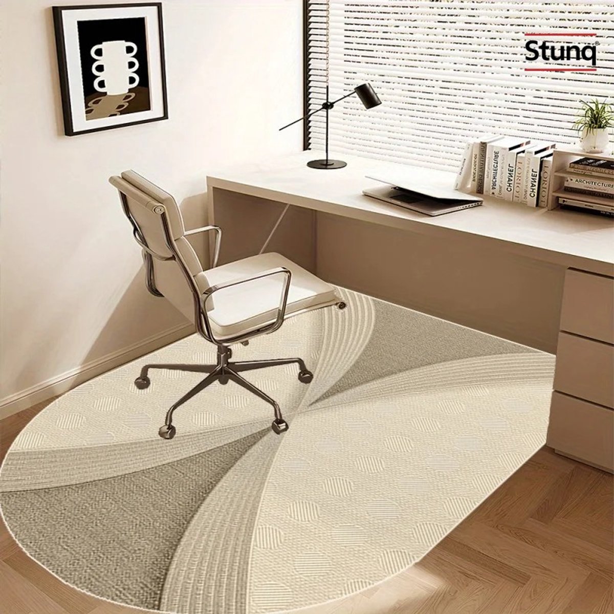Stunq® Antislip bureaustoelmat - halfronde vloermat met geometrisch patroon - 120x80 cm - beige/grijs
