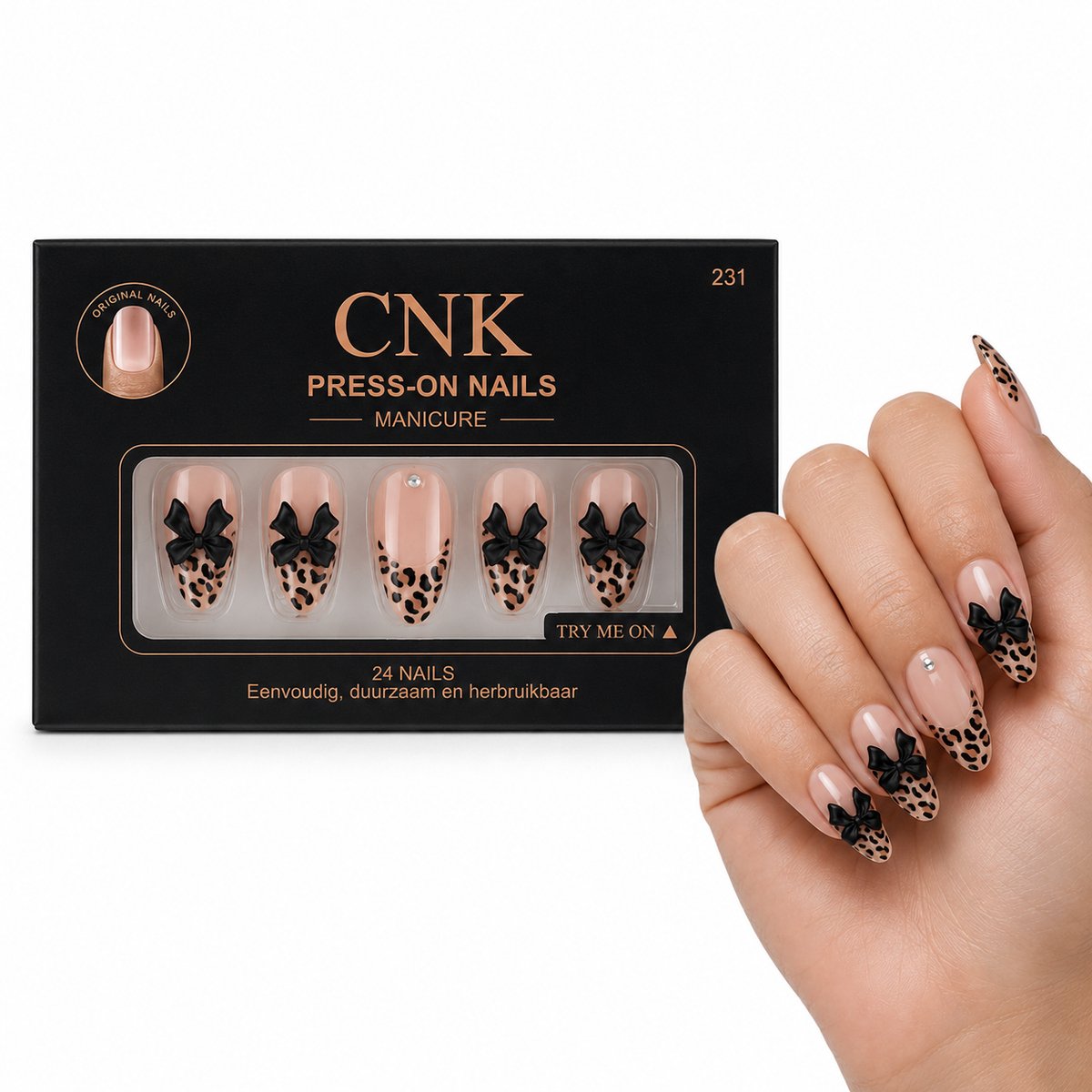 CNK 231 Press On Nails - Plaknagels - 24 Kunstnagels met Nagellijm, 24 Zelfklevende Plakstickers, Cleaner Wipe, Nagelvijl, Woodstick & Size Matcher - Nepnagels voor 7-14 Dagen - Herbruikbare Press-On Nagels - Starterspakket voor Manicure & Nail Art