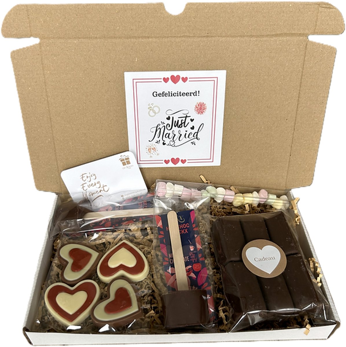 Just Married choco brievenbus cadeau - chocoladestick - chocolade - marshmallows