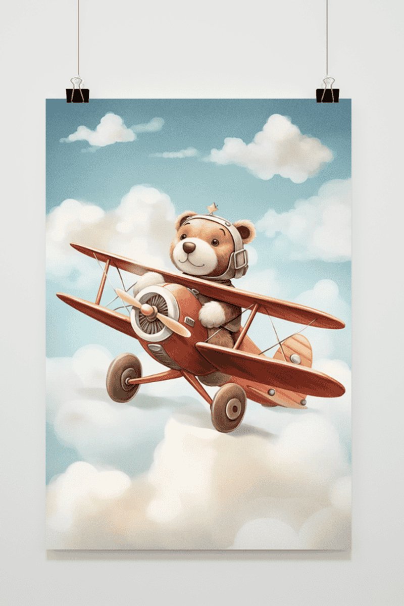 Lief Beertje - Teddybeer - Beertje in Vliegtuig - Kinderkamer - Babykamer - voor Kinderen - Beren - posters - formaat 30x40cm - Wanddecoratie - XS1856YR